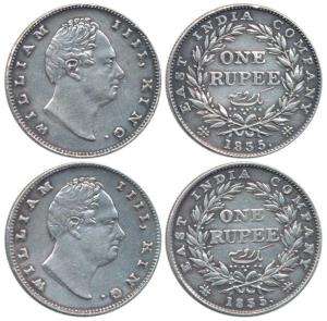 William IV, Silver Rupee (2), 1835, Calcutta Mint, obv. B, 'R.S' incuse, rev. II, 20 Berri