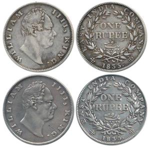 William IV, Silver Rupee (2), 1835, Calcutta Mint, obv. A, 'F' incuse, rev.II, 19 Berries,