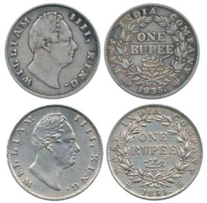 William IV, Silver Rupee (2), 1835, Calcutta Mint, obv. A, rev. I, 'F' raised, second obv.
