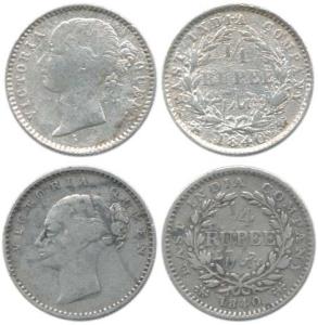 Victoria Queen, Silver ¼ Rupee (2), 1840, continuous legend + divided legend, obv. No init