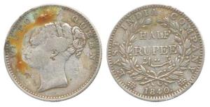 Victoria Queen, Silver ½ Rupee, 1840, continuous legend, obv. with initials, rev. 19 Berri