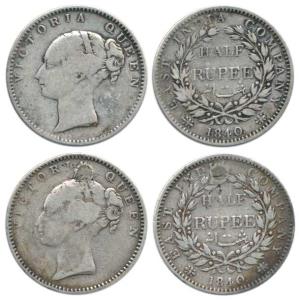 Victoria Queen, Silver ½ Rupee (2), 1840, continuous legend, obv. English head, rev. 19 Be