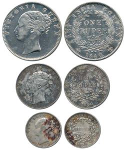 Victoria Queen, Silver (3), Rupee, ½ Rupee and ¼ Rupee, 1840, continuous legend. Rare as a