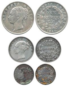 Victoria Queen, Silver (3), Rupee, ½ Rupee and ¼ Rupee, 1840, continuous legend. Rare as a