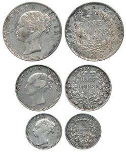 Victoria Queen, Silver (3), Rupee, ½ Rupee and ¼ Rupee, 1840, continuous legend. Rare as a