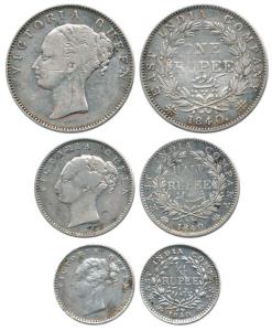 Victoria Queen, Silver (3), Rupee, ½ Rupee and ¼ Rupee, 1840, continuous legend. Rare as a