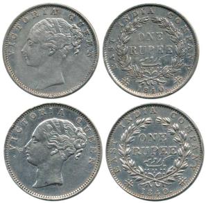 Victoria Queen, Silver Rupee (2), 1840, continuous legend, Madras Mint, obv. A, 'S' incuse
