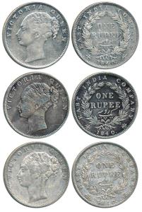 Victoria Queen, Silver Rupee (3), 1840, continuous legend, Calcutta Mint, obv. English hea