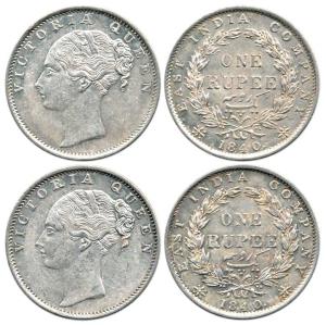 Victoria Queen, Silver Rupee (2), 1840, continuous legend, Calcutta Mint, obv. English com