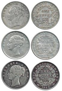 Victoria Queen, Silver Rupee (3), 1840, continuous legend, Calcutta Mint, obv. English hea