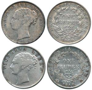Victoria Queen, Silver Rupee (2), 1840, continuous legend, Calcutta Mint, obv. English hea