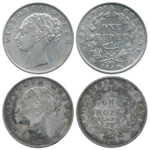 Victoria Queen, Silver Rupee (2), 1840, continuous legend, Calcutta Mint, obv. Indian head