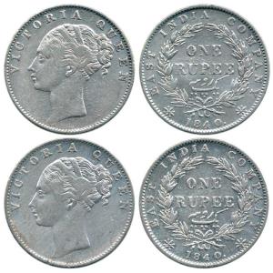Victoria Queen, Silver Rupee (2), 1840, continuous legend, Calcutta Mint, obv. Indian head