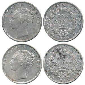Victoria Queen, Silver Rupee (2), 1840, continuous legend, Calcutta Mint, obv. English mod
