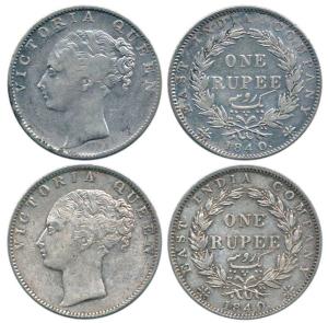 Victoria Queen, Silver Rupee (2), 1840, continuous legend, Calcutta Mint, obv. English mod