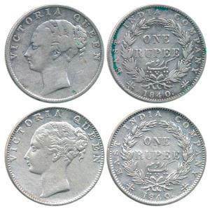 Victoria Queen, Silver Rupee (2), 1840, continuous legend, Calcutta Mint, obv. English mod