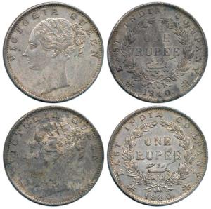 Victoria Queen, Silver Rupee (2), 1840, continuous legend, Calcutta Mint, obv. English com