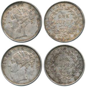 Victoria Queen, Silver Rupee (2), 1840, continuous legend, Calcutta Mint, obv. English com