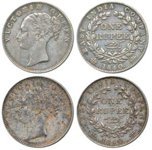 Victoria Queen, Silver Rupee (2), 1840, continuous legend, Madras Mint, obv. 'S' incuse, r