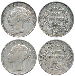 Victoria Queen, Silver Rupee (2), 1840, continuous legend, Calcutta Mint, obv. English mod