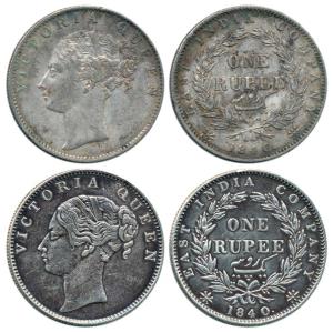 Victoria Queen, Silver Rupee (2), 1840, continuous legend, Calcutta Mint, obv. English mod