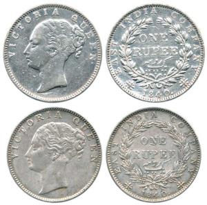Victoria Queen, Silver Rupee (2), 1840, continuous legend, Madras Mint, obv. 'S' incuse, r