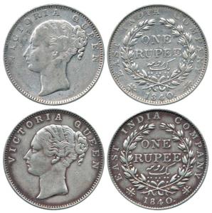 Victoria Queen, Silver Rupee (2), 1840, continuous legend, Madras Mint, first coin obv. 'S