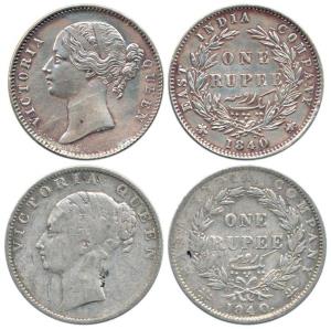 Victoria Queen, Silver Rupee (2), 1840, continuous legend + divided legend, Calcutta Mint,