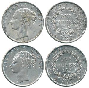 Victoria Queen, Silver Rupee (2), 1840, continuous legend, Calcutta Mint, obv. English mod