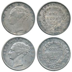 Victoria Queen, Silver Rupee (2), 1840, continuous legend, Calcutta Mint, obv. English mod