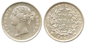 Victoria Queen, Silver 2 Annas, 1841, divided legend, obv. WW raised. Very Fine, Scarce.