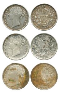 Victoria Queen, Silver ¼ Rupee (3), 1840, divided legend, obv. WW raised, rev. 10 Berries.