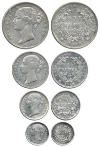 Victoria Queen, Silver (4), Rupee, ½ Rupee, ¼ Rupee and 2 Annas, 1840 and 1841, divided le