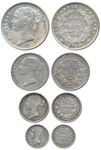 Victoria Queen, Silver (4), Rupee, ½ Rupee, ¼ Rupee and 2 Annas, 1840 and 1841, divided le