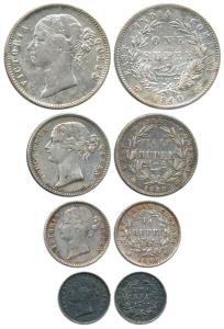 Victoria Queen, Silver (4), Rupee, ½ Rupee, ¼ Rupee and 2 Annas, 1840 and 1841, divided le
