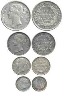 Victoria Queen, Silver (4), Rupee, ½ Rupee, ¼ Rupee and 2 Annas, 1840 and 1841, divided le