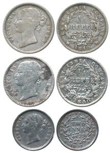 Victoria Queen, Silver (3), ¼ Rupee and 2 Annas, 1840 and 1841, divided legend, ¼ Rupee (2