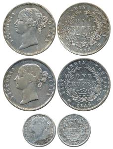 Victoria Queen, Silver (3), Rupee and ¼ Rupee, 1840, divided legend, Rupee (2), ¼ Rupee. G