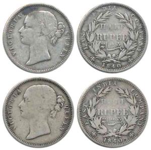Victoria Queen, Silver ½ Rupee (2), 1840, divided legend, obv. WW incuse, rev. 24 Berries.