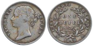Victoria Queen, Silver Rupee, 1840, divided legend, Calcutta Mint, obv. WW raised , rev. 2