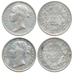 Victoria Queen, Silver Rupee (2), 1840, divided legend, obv. WW raised, rev. 28 Berries. V