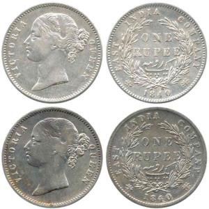 Victoria Queen, Silver Rupee (2), 1840, divided legend, obv. WW raised, rev. 28 Berries. F