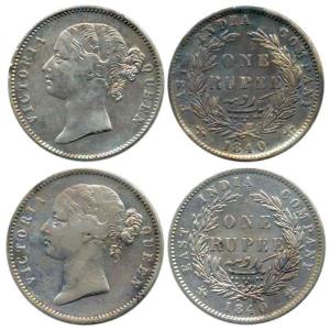 Victoria Queen, Silver Rupee (2), 1840, divided legend, obv. WW raised, rev. 28 Berries. A