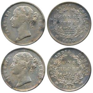 Victoria Queen, Silver Rupee (2), 1840, divided legend, obv. WW raised, rev. 28 Berries. A