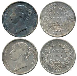 Victoria Queen, Silver Rupee (2), 1840, divided legend, obv. WW raised, rev. 28 Berries. F