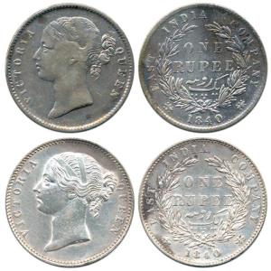 Victoria Queen, Silver Rupee (2), 1840, divided legend, obv. WW raised, rev. 28 Berries. F