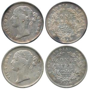 Victoria Queen, Silver Rupee (2), 1840, divided legend, obv. WW raised, rev. 28 Berries. F