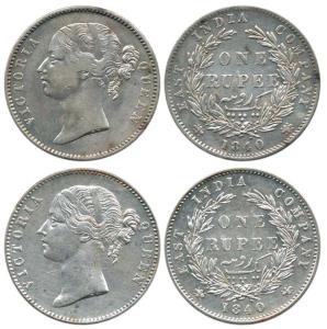 Victoria Queen, Silver Rupee (2), 1840, divided legend, obv. WW raised, rev. 28 Berries. A