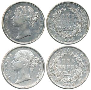 Victoria Queen, Silver Rupee (2), 1840, divided legend, obv. WW raised, rev. 28 Berries. A