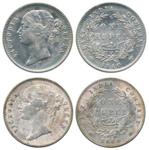 Victoria Queen, Silver Rupee (2), 1840, divided legend, obv. WW raised, rev. 28 Berries. F